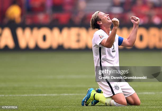 Abby Wambach of the United States celebrates the 5-2 victory against Japan in the FIFA Women's World Cup Canada 2015 Final at BC Place Stadium on...