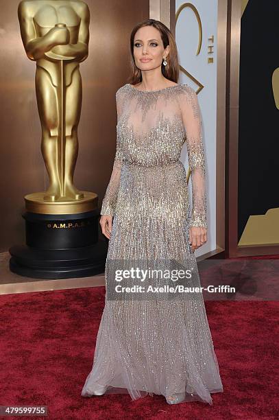 Actress Angelina Jolie arrives at the 86th Annual Academy Awards at Hollywood & Highland Center on March 2, 2014 in Hollywood, California.