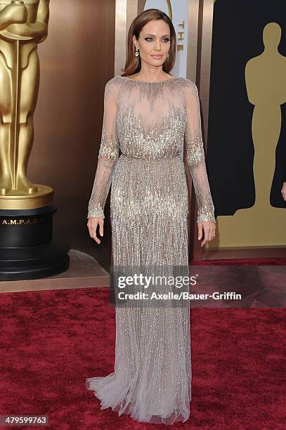 Actress Angelina Jolie arrives at the 86th Annual Academy Awards at Hollywood & Highland Center on March 2, 2014 in Hollywood, California.