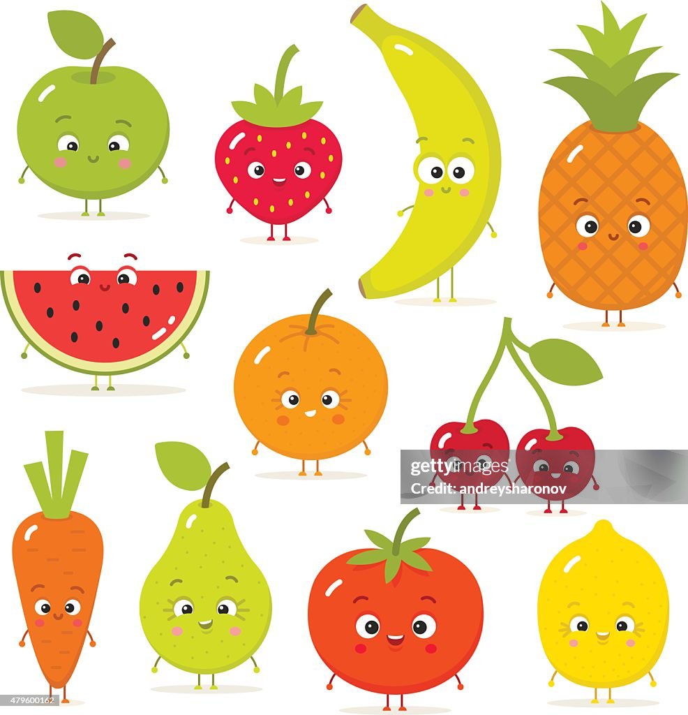 Cartoon Fruits And Vegetables With Eyes In Flat Style High-Res Vector  Graphic - Getty Images