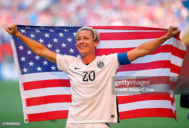 Abby Wambach of the United States celebrates the 5-2 victory against Japan in the FIFA Women's World Cup Canada 2015 Final at BC Place Stadium on...