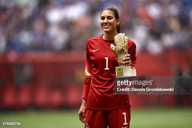 Gaolkeeper Hope Solo of the United States poses after winning the Golden Glove in the FIFA Women's World Cup Canada 2015 Final at BC Place Stadium on...