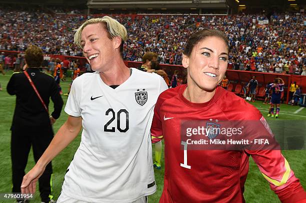 Abby Wambach and Hope Solo of USA celebrate at the end of the FIFA Women's World Cup 2015 Final between USA and Japan at BC Place Stadium on July 5,...