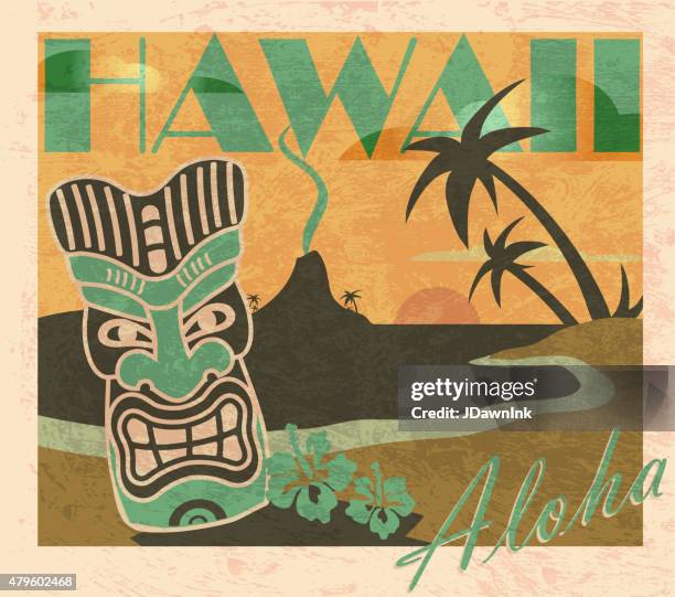 retro farbigen sommer tiki bar hawaiian party postkarte design-vorlage - postcard stock-grafiken, -clipart, -cartoons und -symbole