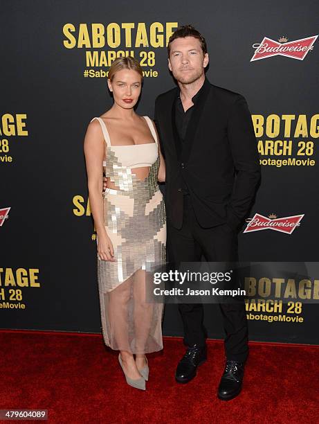 Lara Bingle and actor Sam Worthington attend the premiere of Open Road Films' "Sabotage" at Regal Cinemas L.A. Live on March 19, 2014 in Los Angeles,...