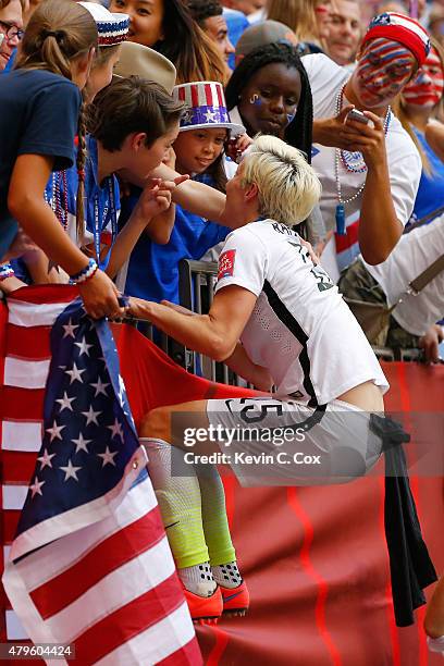 Megan Rapinoe of the United States celebrates with fans the 5-2 victory against Japan in the FIFA Women's World Cup Canada 2015 Final at BC Place...