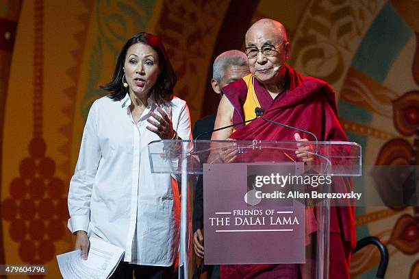 Journalist Ann Curry and His Holiness the Dalai Lama skpeak onstage during His Holiness the 14th Dalai Lama's 80th birthday and Global Compassion...