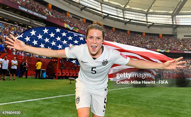 Kelley O'Hara of USA celebrates after victory in FIFA Women's World Cup 2015 Final between USA and Japan at BC Place Stadium on July 5, 2015 in...