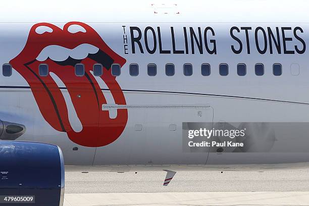 Rolling Stones livery is seen on the Aeronexus Corporation's - Boeing 767 used by the Rolling Stones as the aircraft is prepared in readiness for...