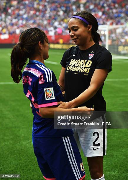 Sydney LeRoux of USA celebrates at the end with Nahomi Kawasumi of Japan afer the FIFA Women's World Cup Final between USA and Japan at BC Place...