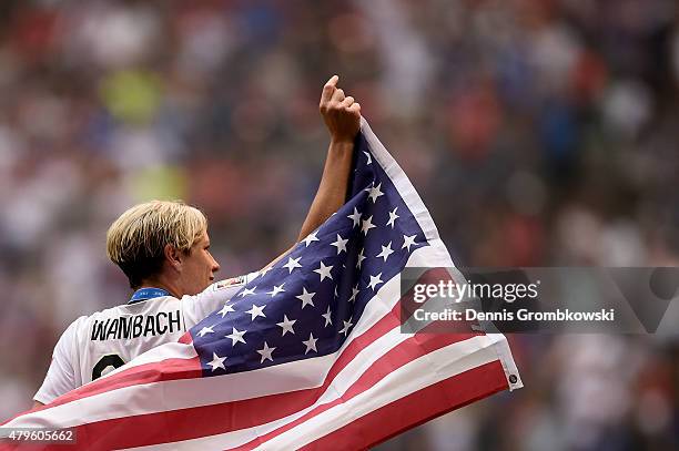 Abby Wambach of the United States of America celebrates after their 5-2 win over Japan in the FIFA Women's World Cup Canada 2015 Final at BC Place...