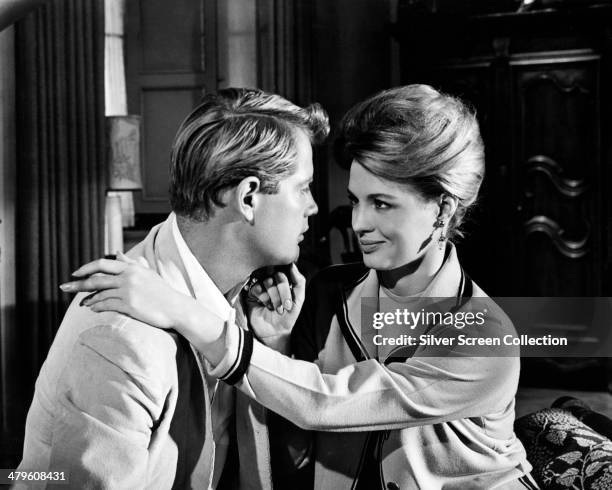 American actors Troy Donahue , as Don Porter, and Angie Dickinson as Lyda Kent, in 'Rome Adventure', , directed by Delmer Daves, 1962.