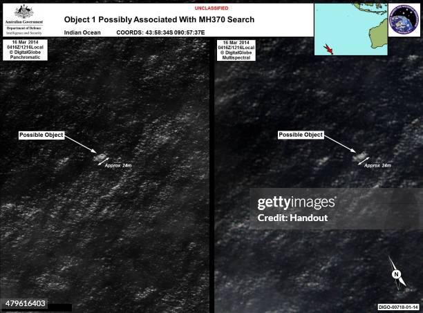 In this handout Satellite image made available by the AMSA on March 20 objects that may be possible debris of the missing Malaysia Airlines Flight...