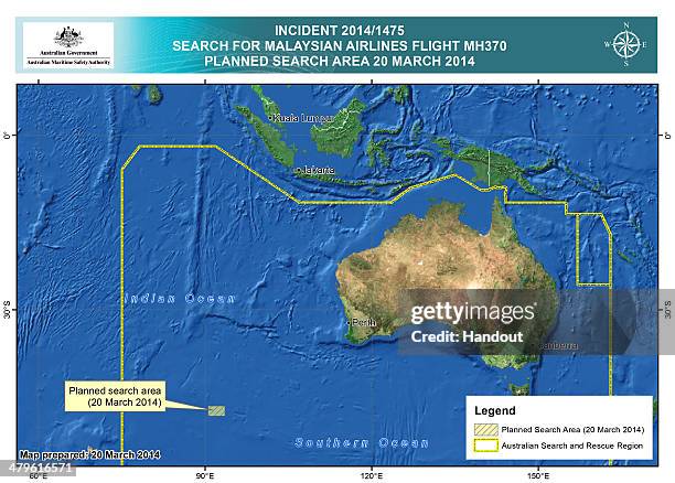 This handout Satellite image made available by the AMSA shows a map of the planned search area for missing Malaysian Airlines Flight MH370 on March...