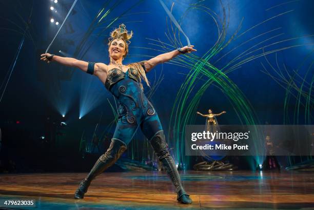 Cast members of Cirque Du Soleil Amaluna perform during the "Cirque Du Soleil Amaluna" photo call at Citi Field on March 19, 2014 in New York City.