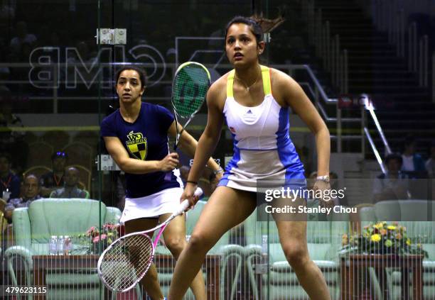 Dipika Pallikal of India in action against Raneem El Weleiley of Egypt during the Round of 16th matches of the CIMB Women's World Championship at the...
