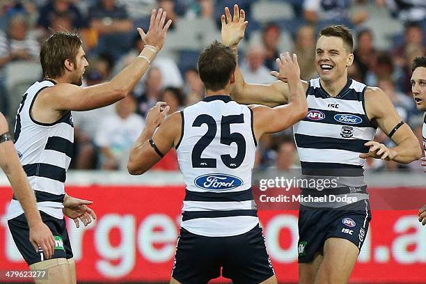 Hamish McIntosh of the Cats celebrates his goal with Tom Lonergan and Jared Rivers during the round one AFL match between the Geelong Cats and the...