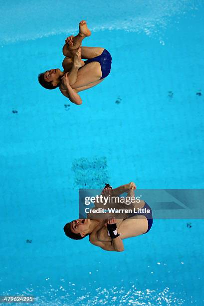 Daniel Goodfellow and Matthew Lee of Great Britain dive in the Men's 10m Synchro Platform Final during day one of the FINA/NVA Diving World Series...