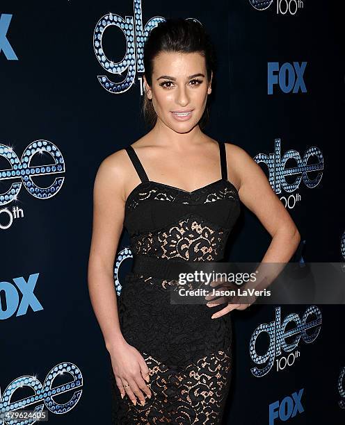Actress Lea Michele attends the "Glee" 100th episode celebration at Chateau Marmont on March 18, 2014 in Los Angeles, California.