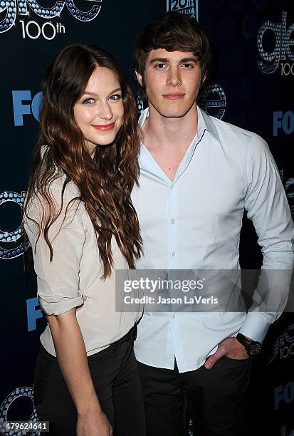 Actress Melissa Benoist and actor Blake Jenner attend the "Glee" 100th episode celebration at Chateau Marmont on March 18, 2014 in Los Angeles,...