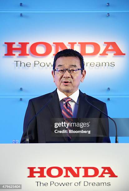 Takahiro Hachigo, president of Honda Motor Co., speaks during a news conference in Tokyo, Japan, on Monday, July 6, 2015. Honda's new president...