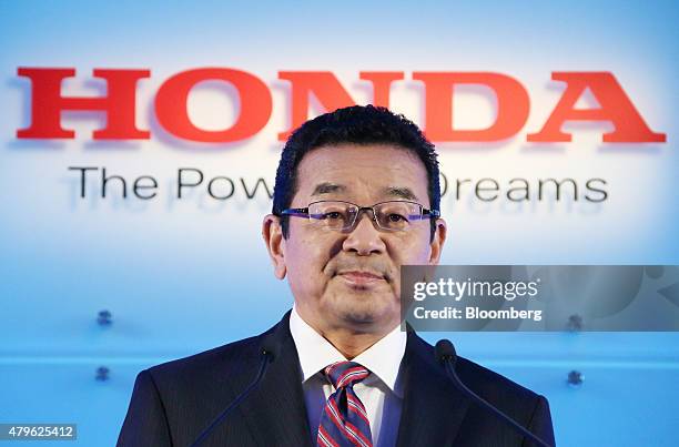 Takahiro Hachigo, president of Honda Motor Co., pauses during a news conference in Tokyo, Japan, on Monday, July 6, 2015. Honda's new president...
