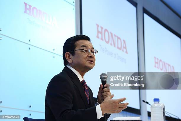Takahiro Hachigo, president of Honda Motor Co., speaks during a news conference in Tokyo, Japan, on Monday, July 6, 2015. Honda's new president...