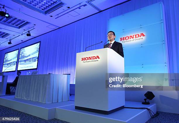 Takahiro Hachigo, president of Honda Motor Co., speaks during a news conference in Tokyo, Japan, on Monday, July 6, 2015. Honda's new president...