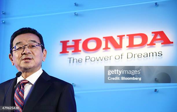 Takahiro Hachigo, president of Honda Motor Co., speaks during a news conference in Tokyo, Japan, on Monday, July 6, 2015. Honda's new president...