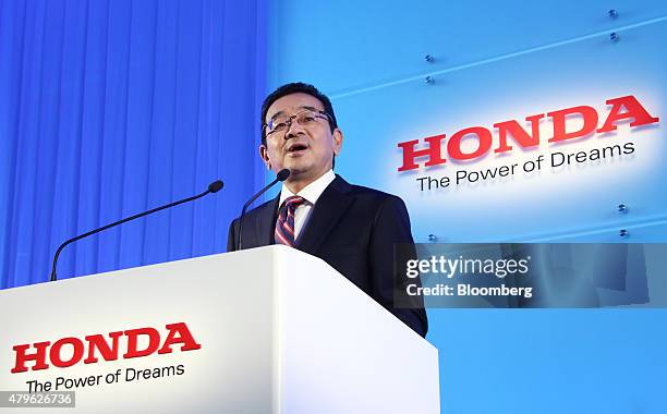Takahiro Hachigo, president of Honda Motor Co., speaks during a news conference in Tokyo, Japan, on Monday, July 6, 2015. Honda's new president...