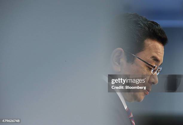Takahiro Hachigo, president of Honda Motor Co., listens during a news conference in Tokyo, Japan, on Monday, July 6, 2015. Honda's new president...