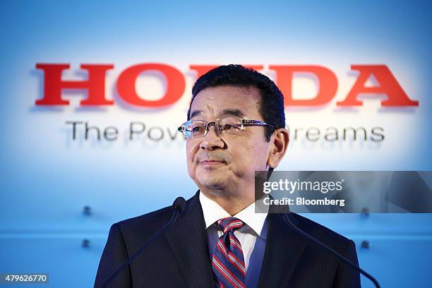 Takahiro Hachigo, president of Honda Motor Co., pauses during a news conference in Tokyo, Japan, on Monday, July 6, 2015. Honda's new president...