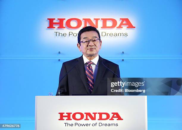 Takahiro Hachigo, president of Honda Motor Co., speaks during a news conference in Tokyo, Japan, on Monday, July 6, 2015. Honda's new president...