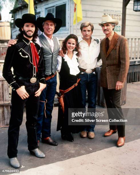 American actors Peter Reckell, Steve Kanaly, Linda Blair, Dirk Benedict and Dennis Weaver in a promotional portrait for the TV movie 'The Wildest...