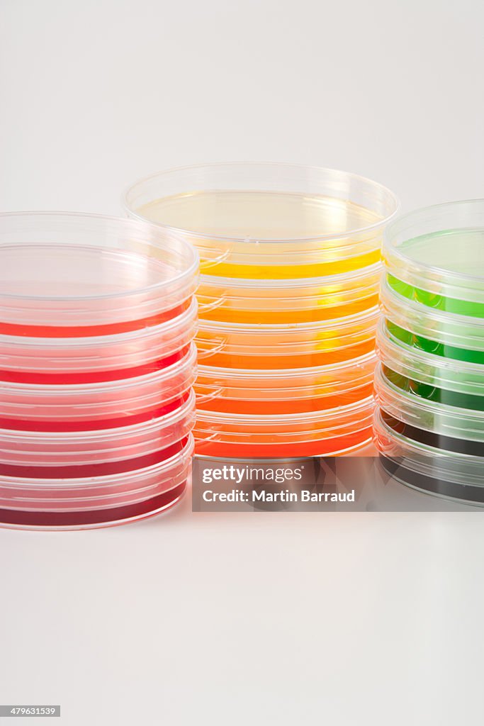 Stacks of colorful petri dishes