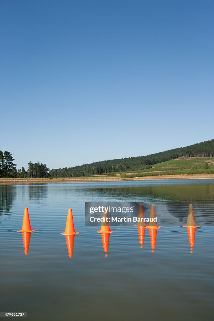 Traffic cones on water with trees in background