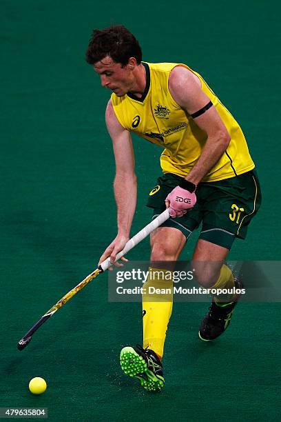 Fergus Kavanagh of Australia in action during the Fintro Hockey World League Semi-Final match between Australia and Great Britain held at KHC Dragons...