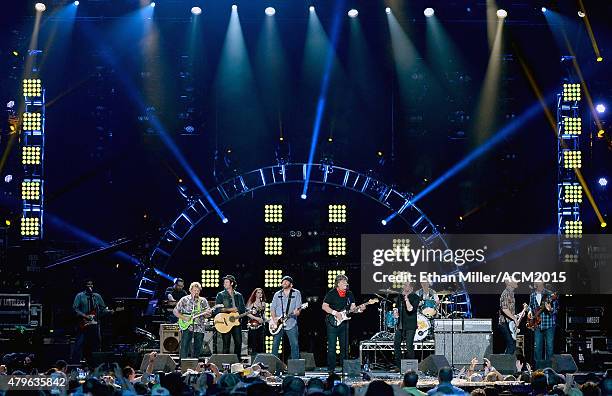 Guitarist Jeff Cook of Alabama, musician Chris Thompson and guitarist James Young of the Eli Young Band, singer/guitarist Randy Owen of Alabama,...