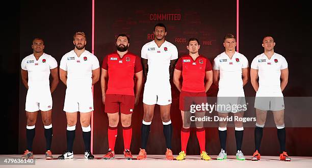 Jonathan Joseph, Chris Robshaw, Alex Corbisiero, Courtney Lawes; Alex Goode, Owen Farrell and Mike Brown pose during the England Rugby World Cup kit...