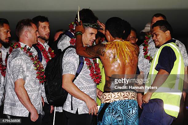 Daniel Carter is welcomed at Faleolo Airport on July 6, 2015 in Apia, Samoa.