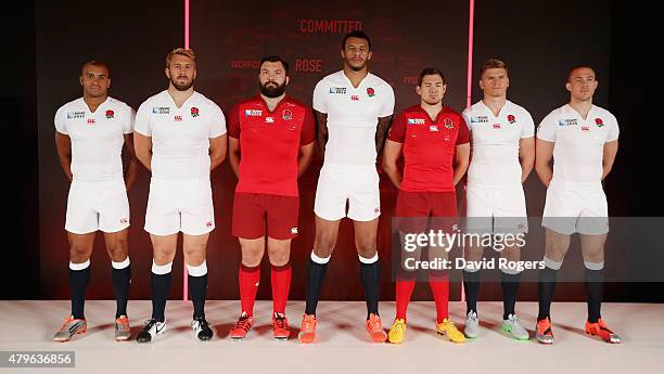 Jonathan Joseph, Chris Robshaw, Alex Corbisiero, Courtney Lawes; Alex Goode, Owen Farrell and Mike Brown pose during the England Rugby World Cup kit...