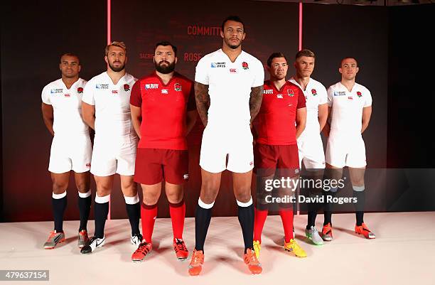 Jonathan Joseph, Chris Robshaw, Alex Corbisiero, Courtney Lawes; Alex Goode, Owen Farrell and Mike Brown pose during the England Rugby World Cup kit...