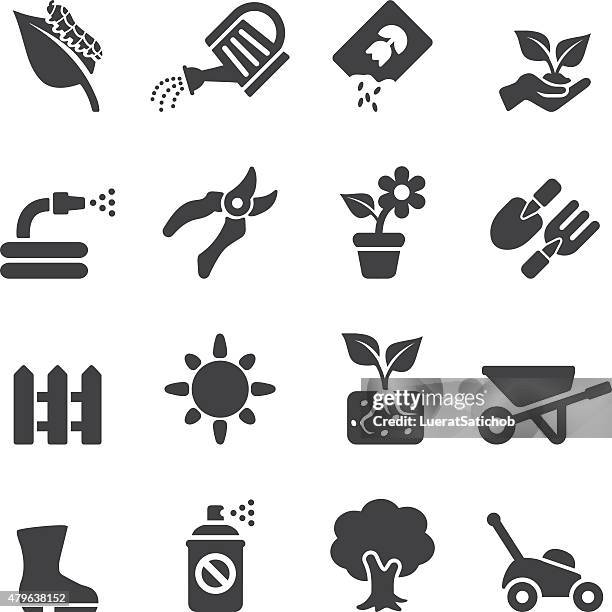 ilustraciones, imágenes clip art, dibujos animados e iconos de stock de silueta de iconos de jardinería/eps10 - horca artículos de jardín
