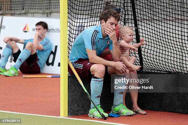 Oliver Korn of Hamburg appears frustrated after the German Hockey Championship 2015 final between UHC Hamburg and Rot Weiss Koeln at Gustav...