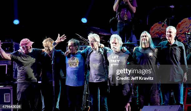 Trey Anastasio, Phil Lesh, Bill Kreutzmann, Bob Weir, Mickey Hart, Jeff Chimenti and Bruce Hornsby of The Grateful Dead perform during the "Fare Thee...