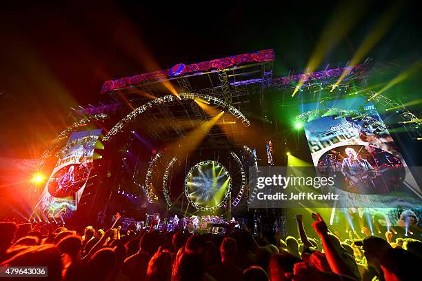 Trey Anastasio, Phil Lesh, Bill Kreutzmann, Bob Weir, Mickey Hart, Jeff Chimenti and Bruce Hornsby of The Grateful Dead perform during the "Fare Thee...