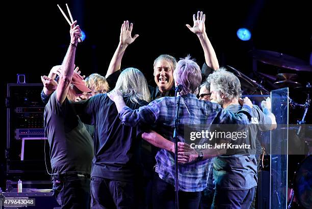 Trey Anastasio, Phil Lesh, Bill Kreutzmann, Bob Weir, Mickey Hart, Jeff Chimenti and Bruce Hornsby of The Grateful Dead perform during the "Fare Thee...