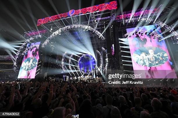 Trey Anastasio, Phil Lesh, Bill Kreutzmann, Bob Weir, Mickey Hart, Jeff Chimenti and Bruce Hornsby of The Grateful Dead perform during the "Fare Thee...