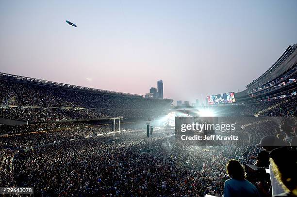 Trey Anastasio, Phil Lesh, Bill Kreutzmann, Bob Weir, Mickey Hart, Jeff Chimenti and Bruce Hornsby of The Grateful Dead perform during the "Fare Thee...