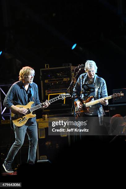 Trey Anastasio and Phil Lesh of The Grateful Dead perform during the "Fare Thee Well, A Tribute To The Grateful Dead" on July 5, 2015 in Chicago,...